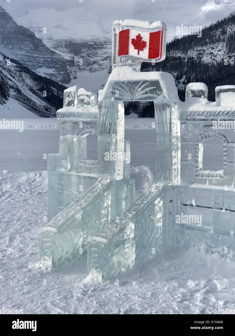 Ice castle on Lake Louise, Banff National Park, Canada, winter Stock Photo