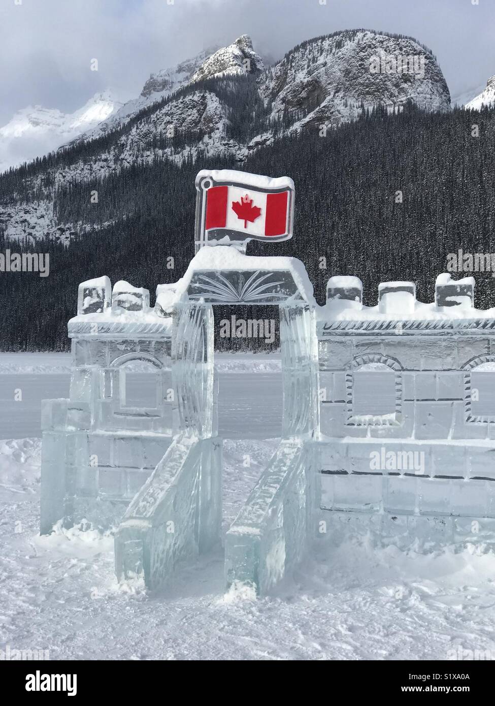 Ice castle on Lake Louise, Banff National Park, Canada, winter Stock Photo