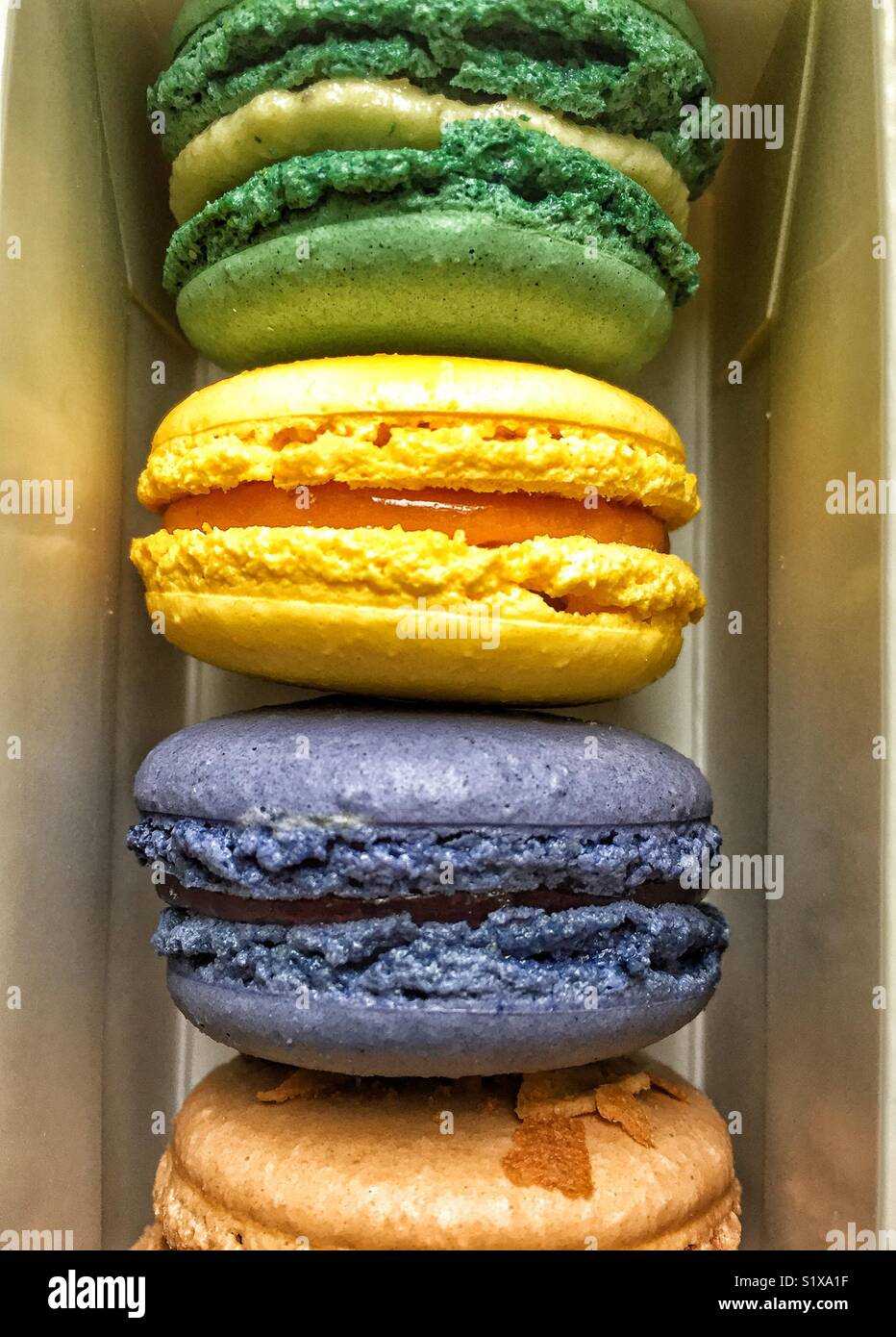 Close up of macaroons desert in the box - Smartphone Captured Stock Image