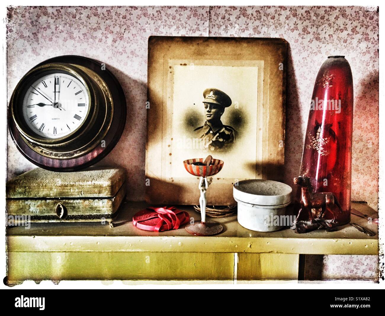 Mantle piece with First World War Portrait which was taken in 1918 at the end of the war. - Smartphone Captured Stock Image
