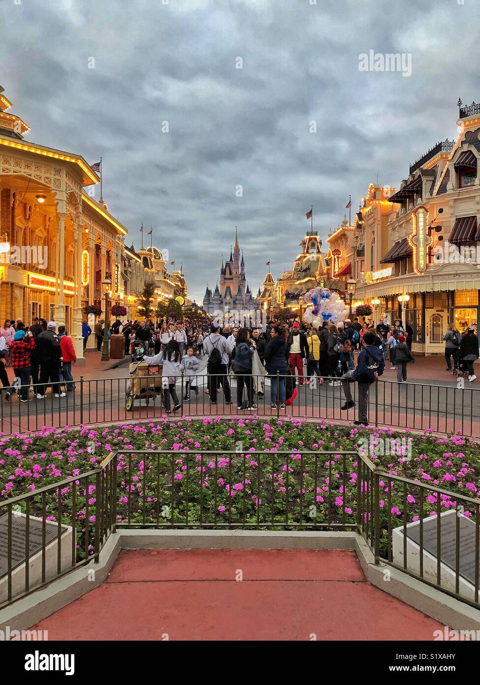 Disneyworld, Disney’s Magic Kingdom. Evening View down Main Street to Cinderella’s castle. Orlando Florida. Stock Photo