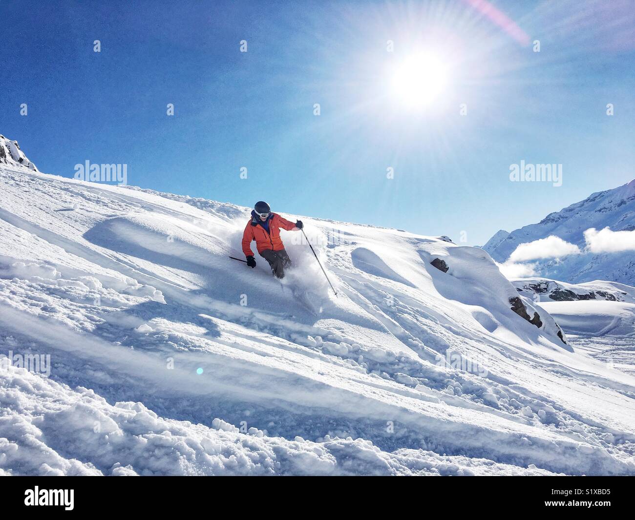 Skiing off piste in Monterosa ski area - Smartphone Captured Stock Image
