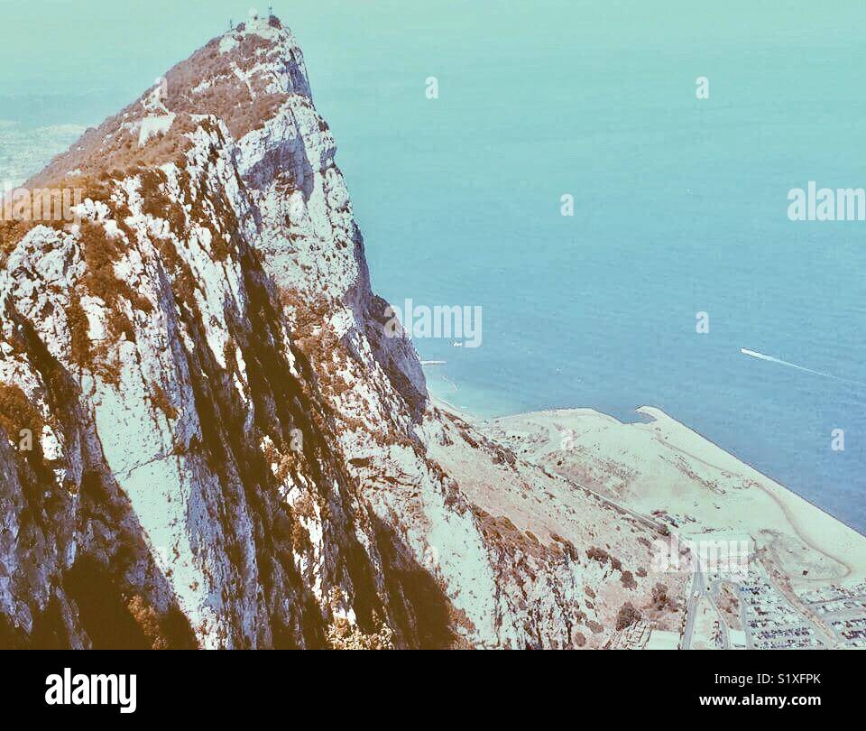 On top of Gibraltar Rock. What a view! Beautiful blue water Stock Photo