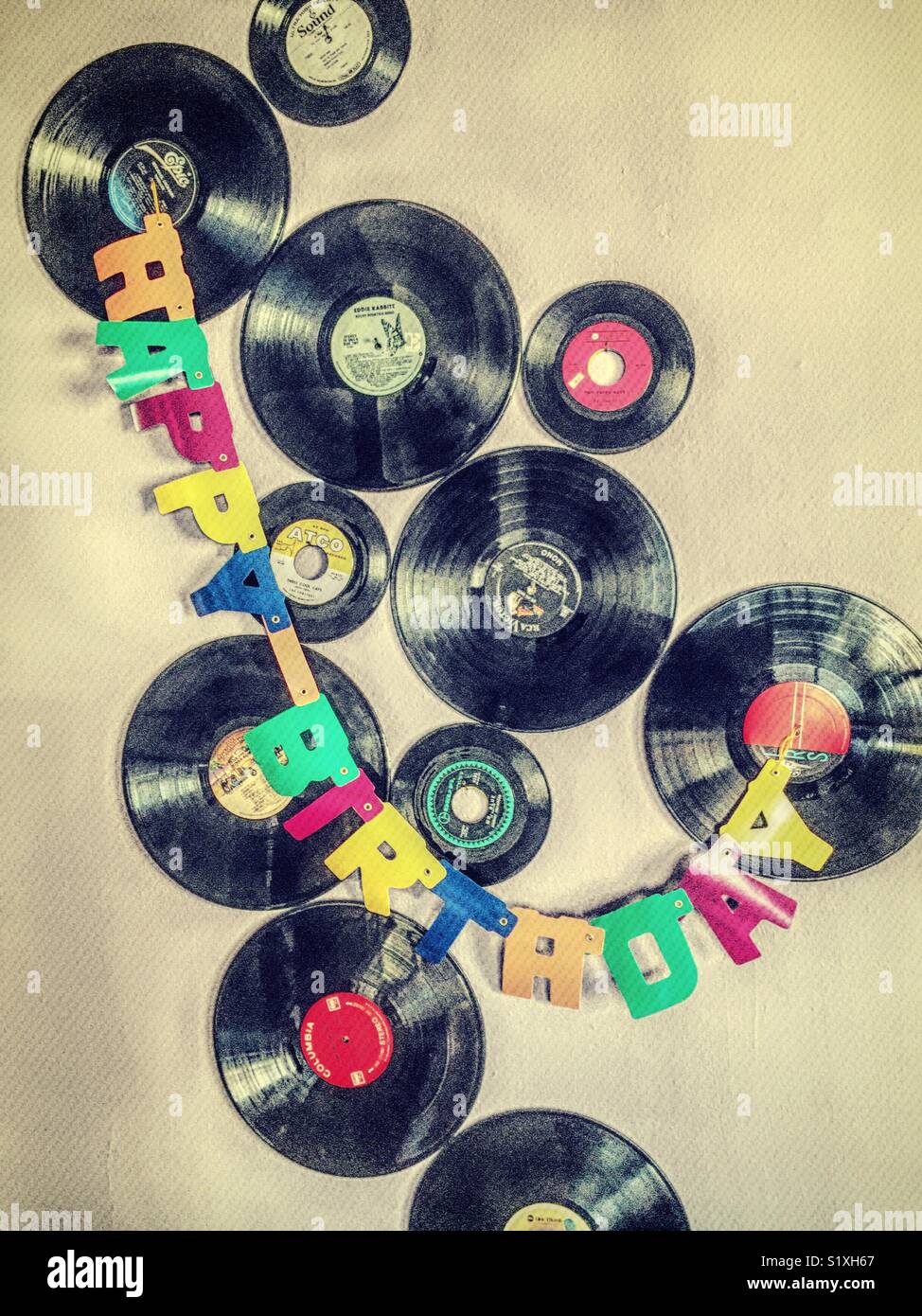 Vinyl Record display with festive happy birthday bunting, United States  Stock Photo - Alamy