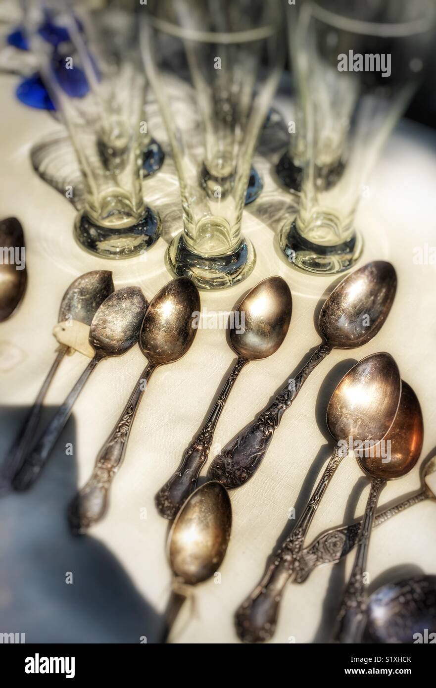 Spoons and glasses at flea market - Smartphone Captured Stock Image