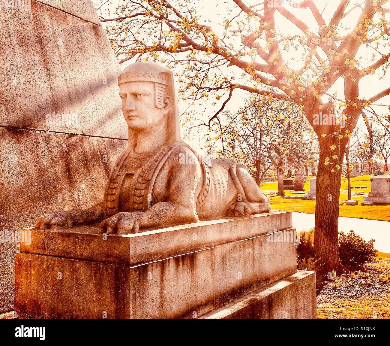 Sphinx at Schoenhofen Pyramid Mausoleum, Graceland Cemetery, Chicago, Ill - Smartphone Captured Stock Image