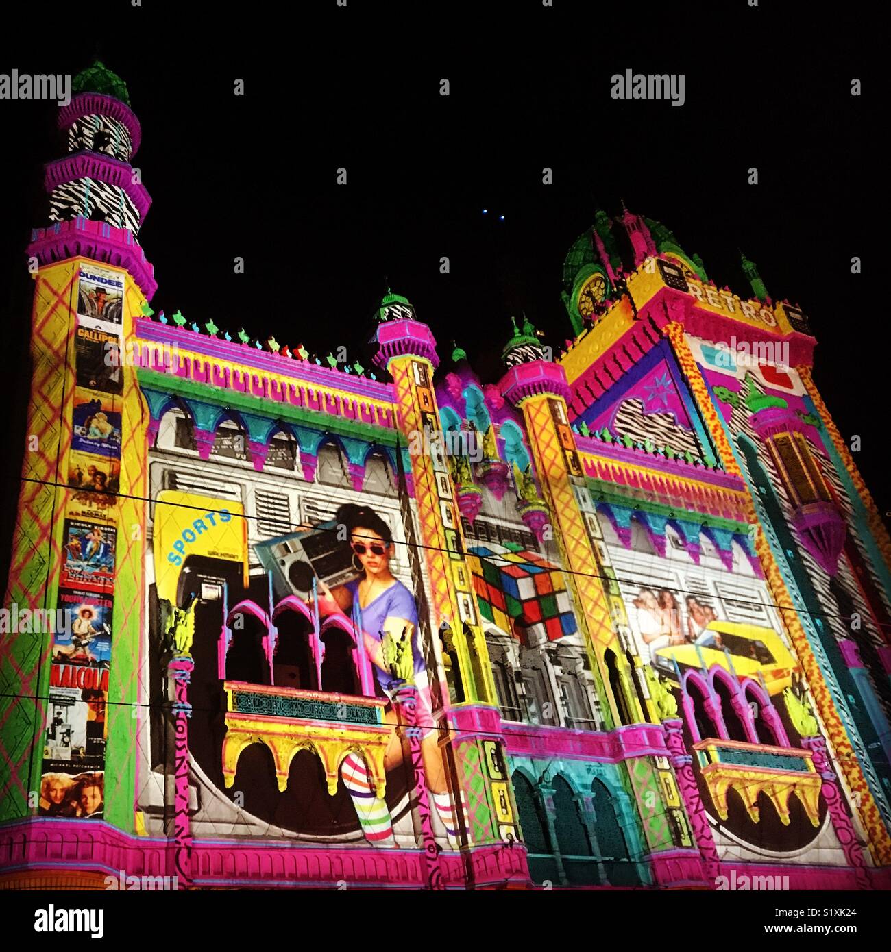 Light projection on The Forum Theatre for White Night in Melbourne Stock Photo