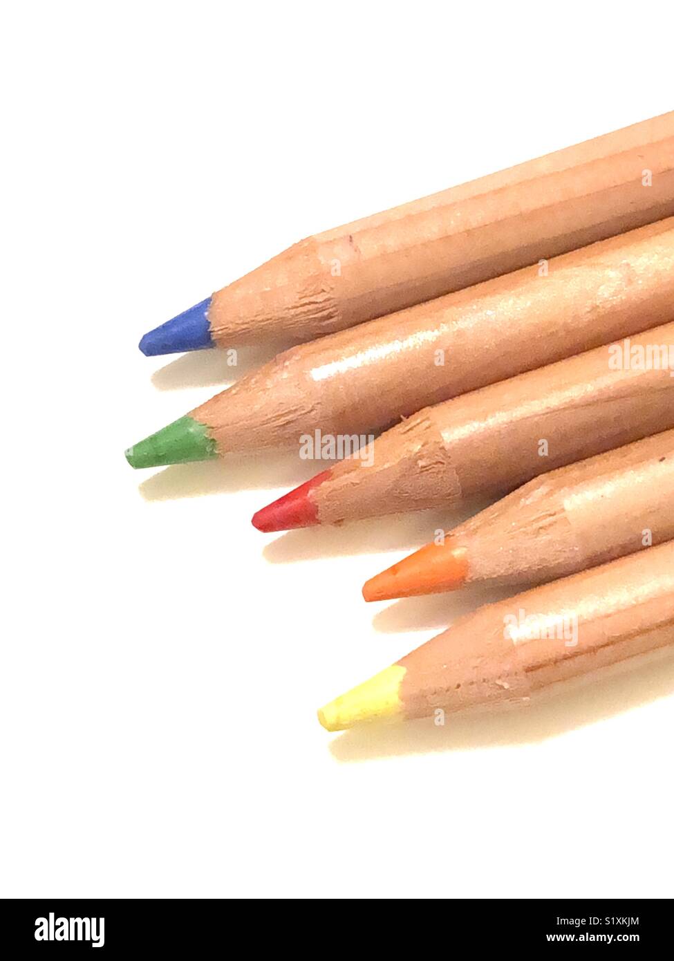 Wooden color pencils in five hues Stock Photo