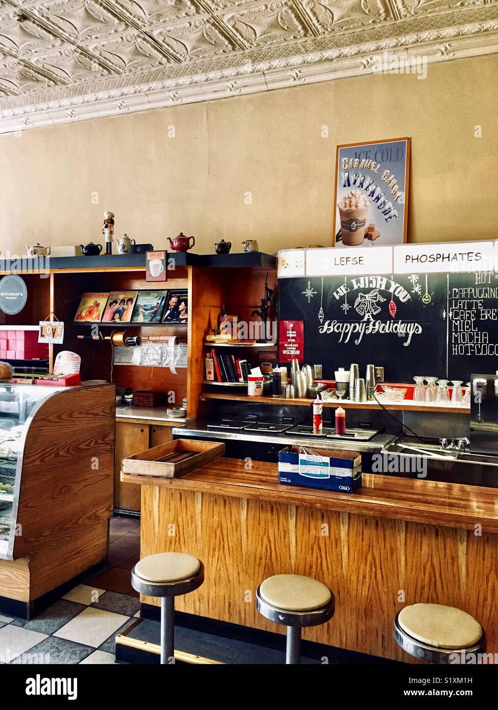 Front counter and deli of Schubert’s Downtown Restaurant, Mount Horeb, WI Stock Photo