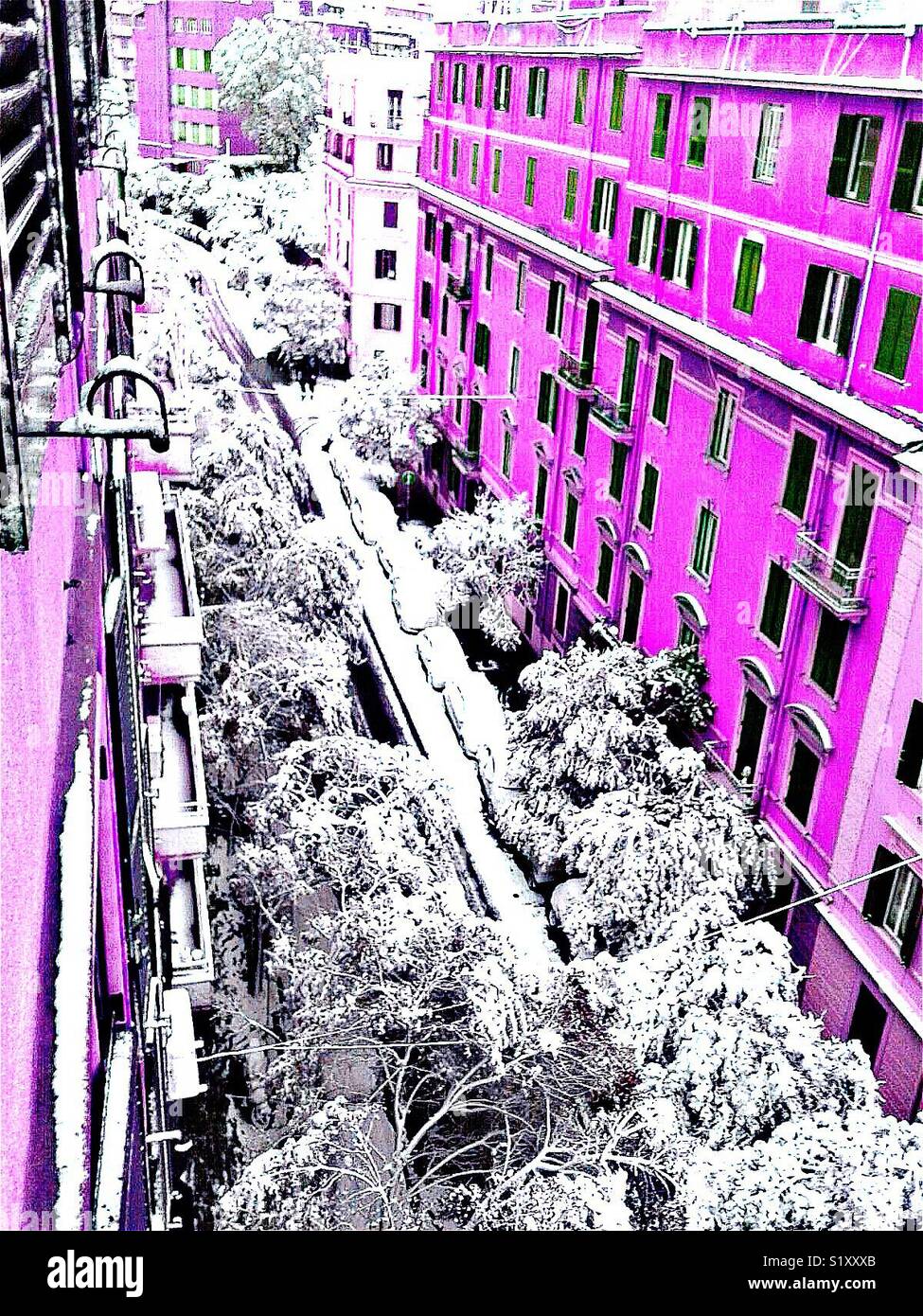 Rare snowfall due to Arctic low pressure covers a street in the suburb of Policlinico, Rome, Italy. February 2018 - Smartphone Captured Stock Image