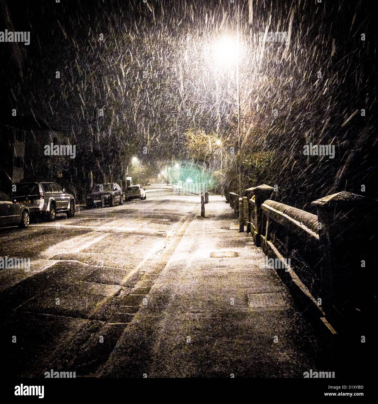 Snow falls past a streetlight at night - Smartphone Captured Stock Image