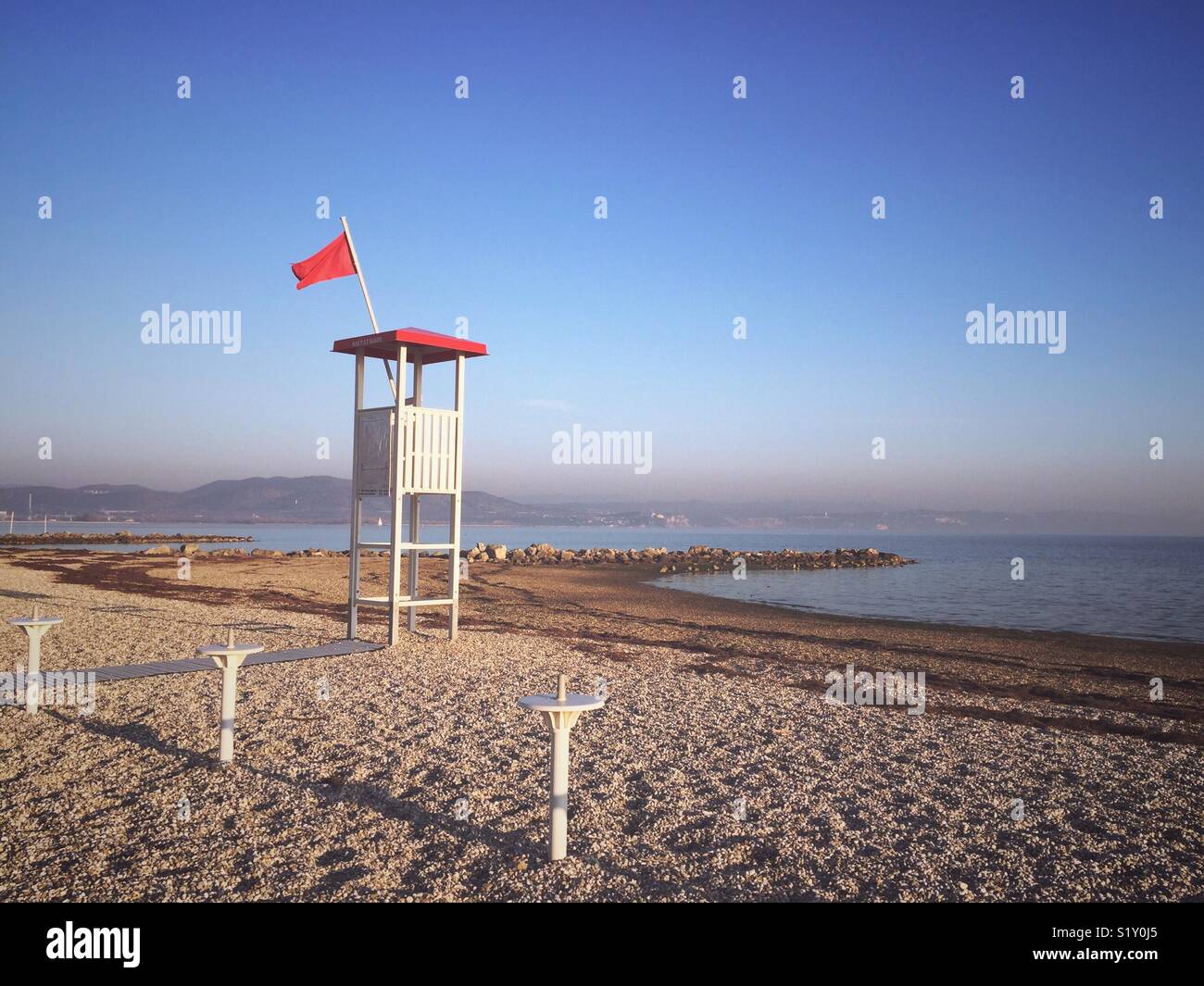 Beach at Marina Julia near Monfalcone, Gulf of Trieste, Italy - Smartphone Captured Stock Image
