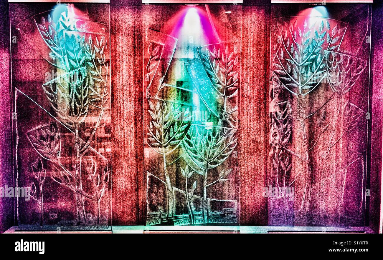 Stylized glass illuminated with colorful lights in a chapel - Smartphone Captured Stock Image