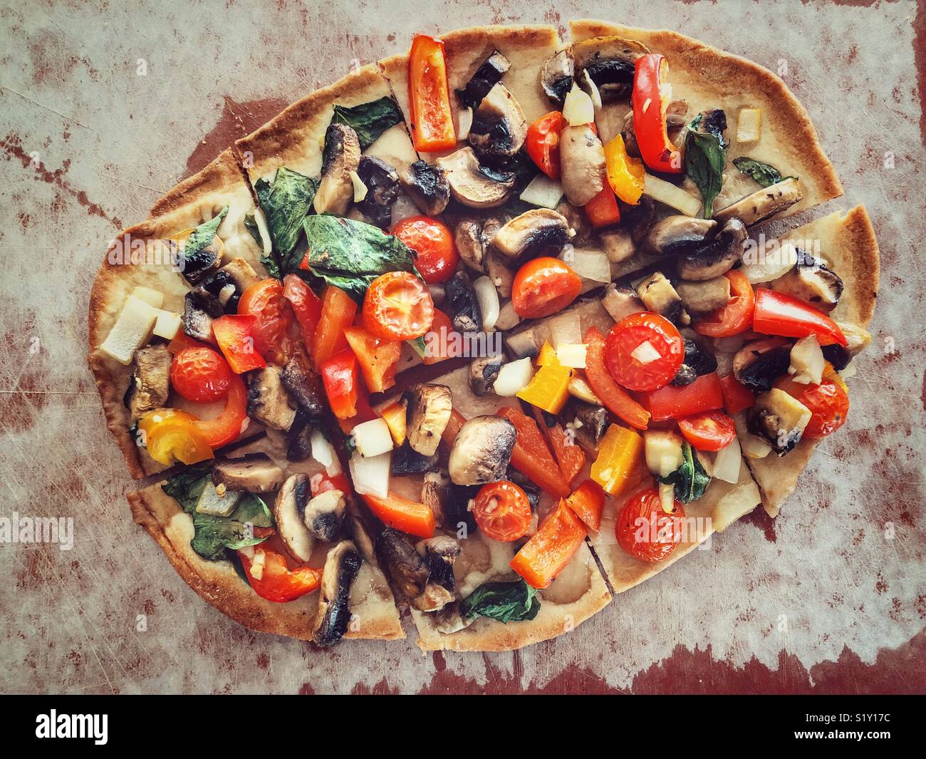 Mixed roasted vegetables on naan bread - Smartphone Captured Stock Image