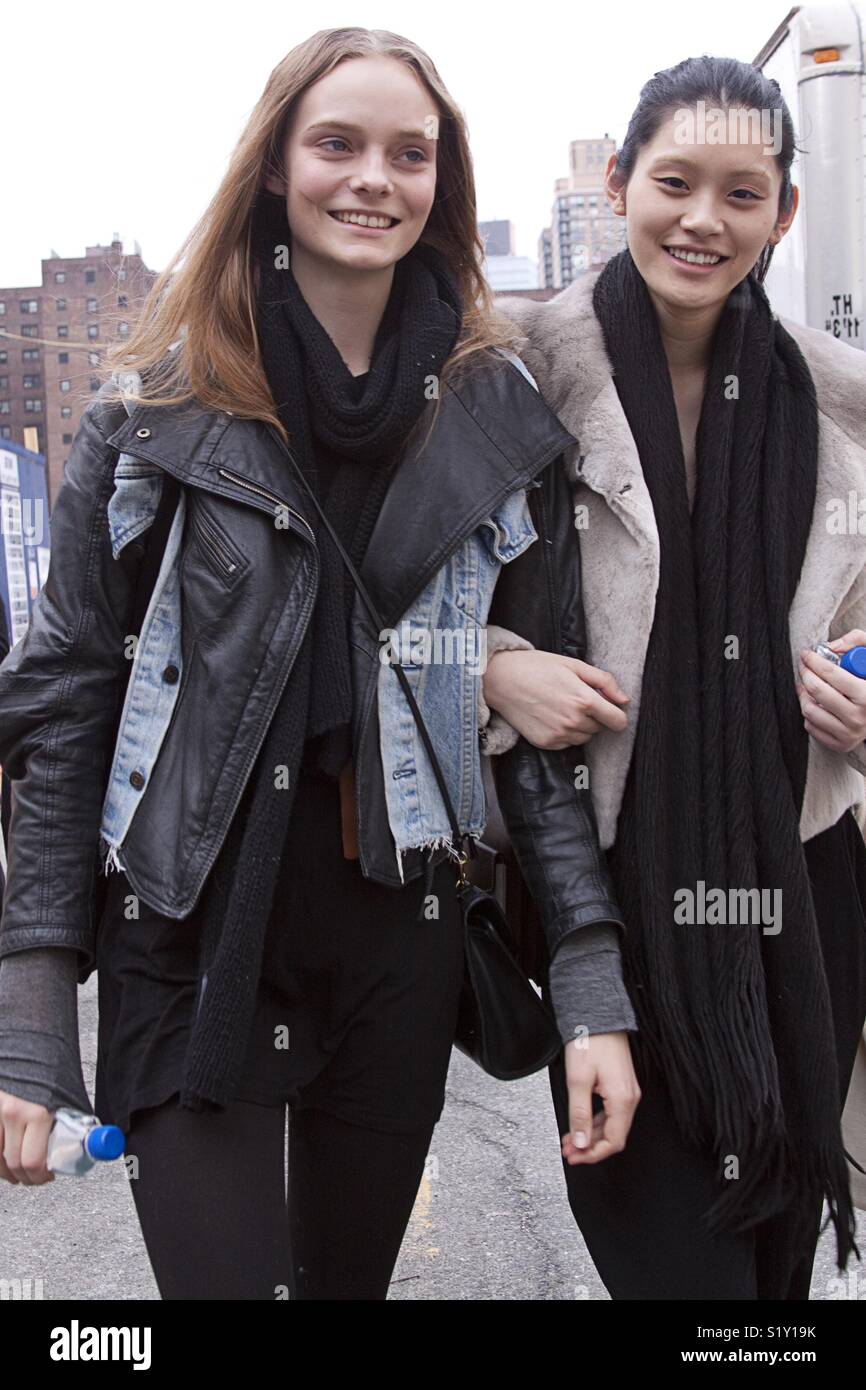 Two fashion models during New York fashion week - Smartphone Captured Stock Image