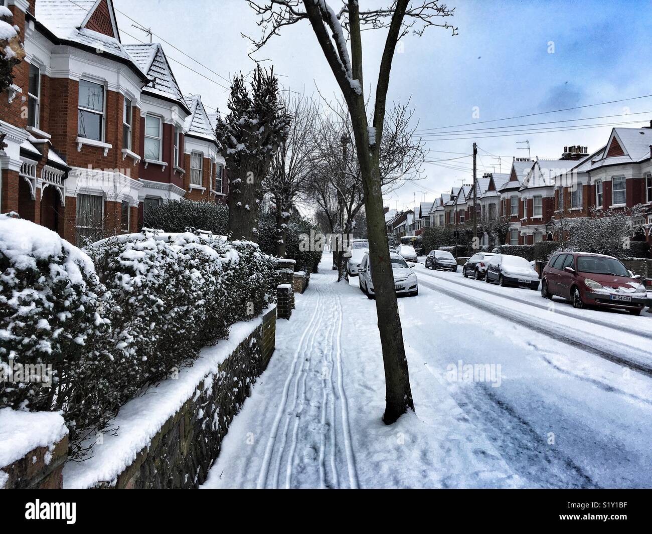 Muswell Hill in the snow on Wednesday February 28 2018 - Smartphone Captured Stock Image