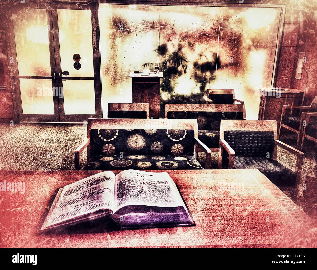 View from the front of a Hospital chapel with bible on table - Smartphone Captured Stock Image
