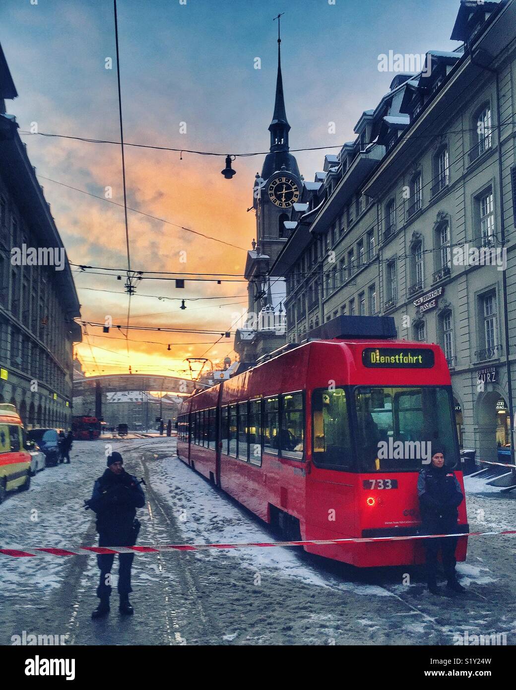 Police cordon in Bern, Switzerland during a bomb scare, 2 March 2018 - Smartphone Captured Stock Image