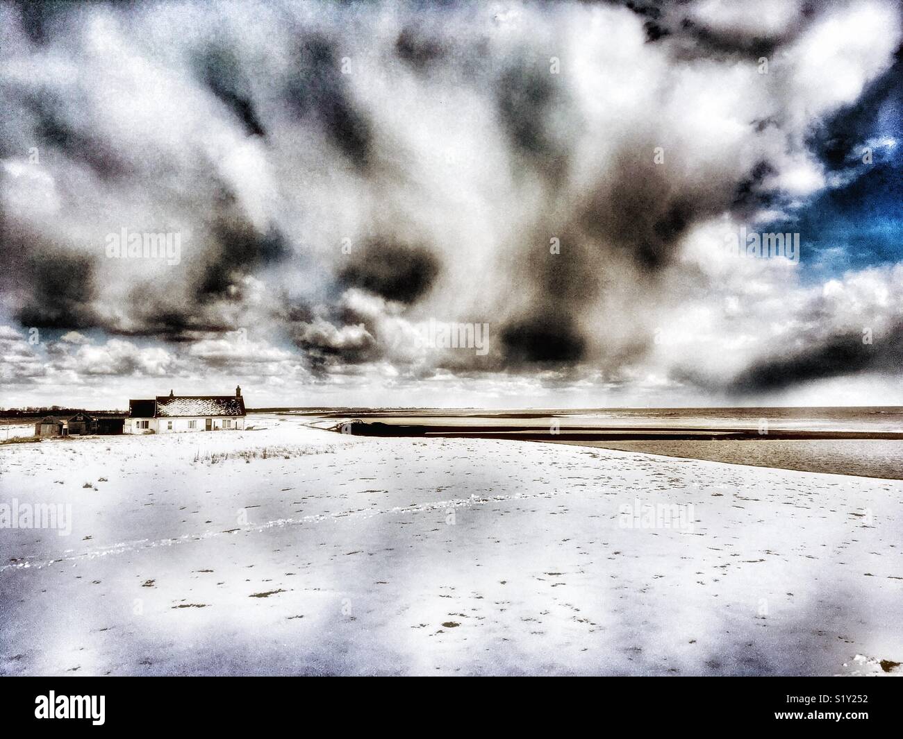 Shingle Street on the North Sea coast after a snow storm - Smartphone Captured Stock Image