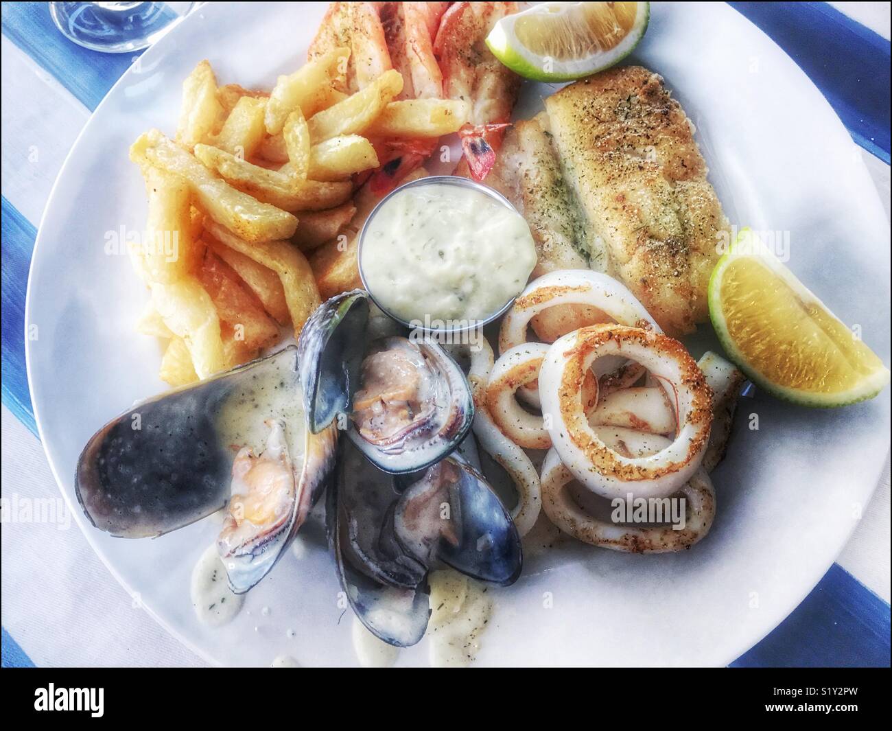 Mixed seafood platter from Bertha’s restaurant in Simonstown near Cape Town, South Africa. - Smartphone Captured Stock Image