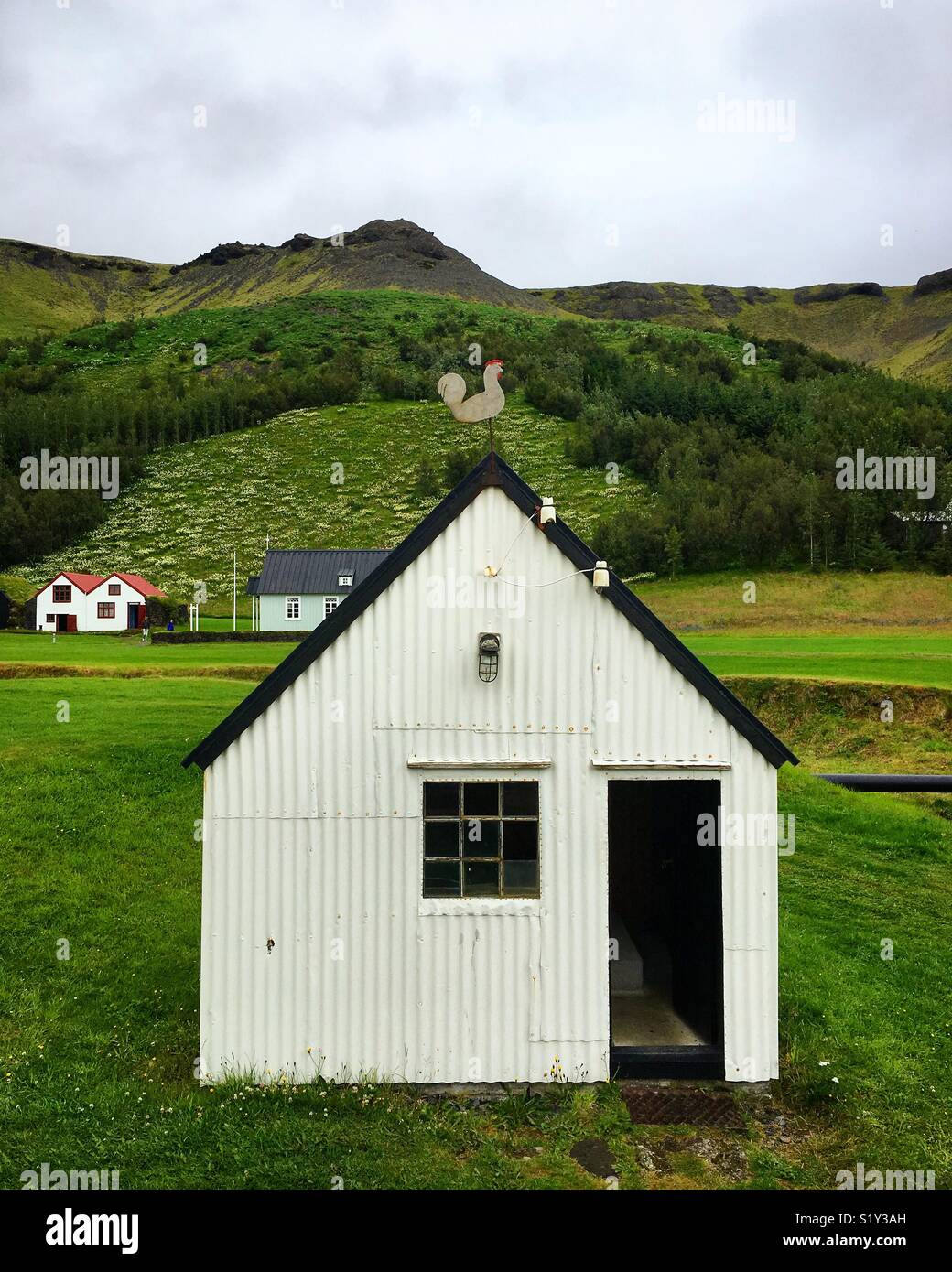 House with a chicken on a rooftop in Iceland Stock Photo