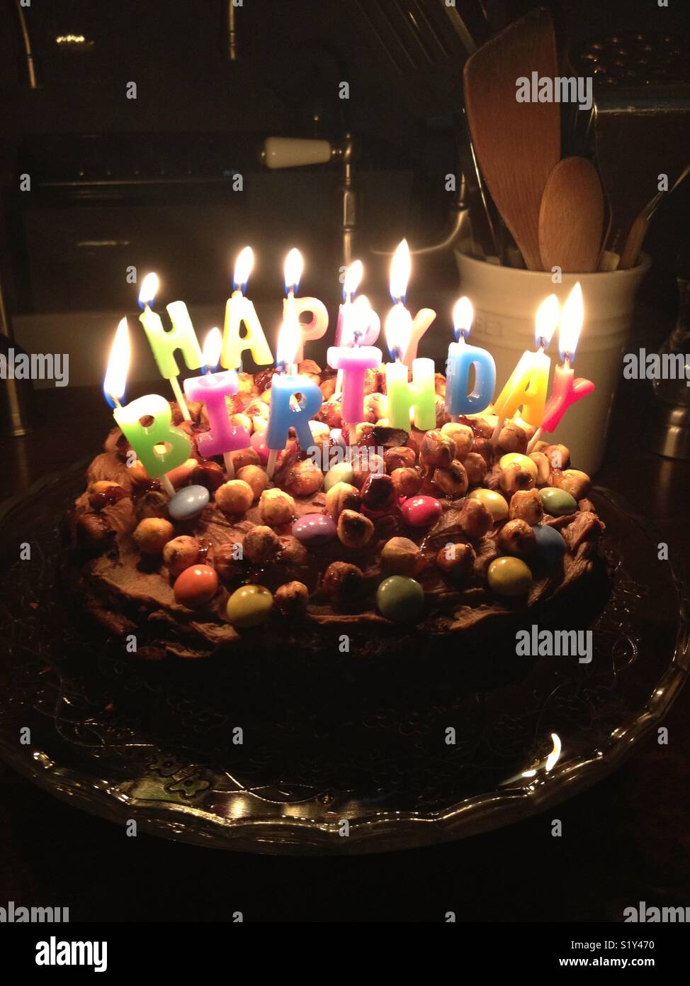 Happy birthday cake with candles Stock Photo - Alamy