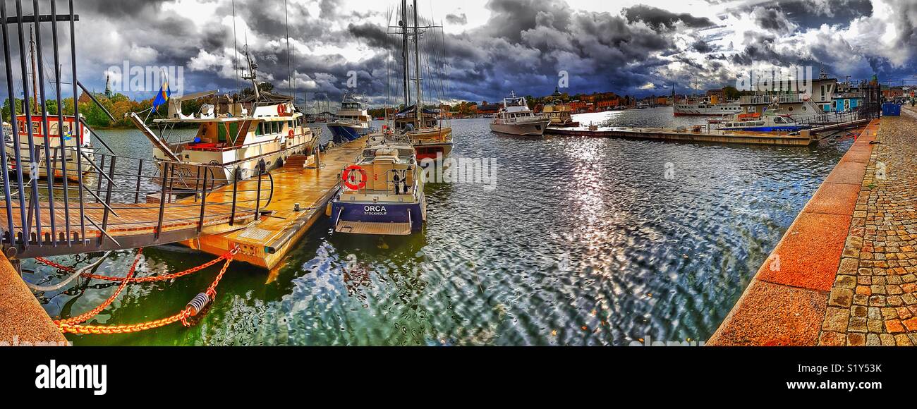 Waterfront panorama with cloudscape, Ostermalm, Stockholm, Sweden, Scandinavia - Smartphone Captured Stock Image