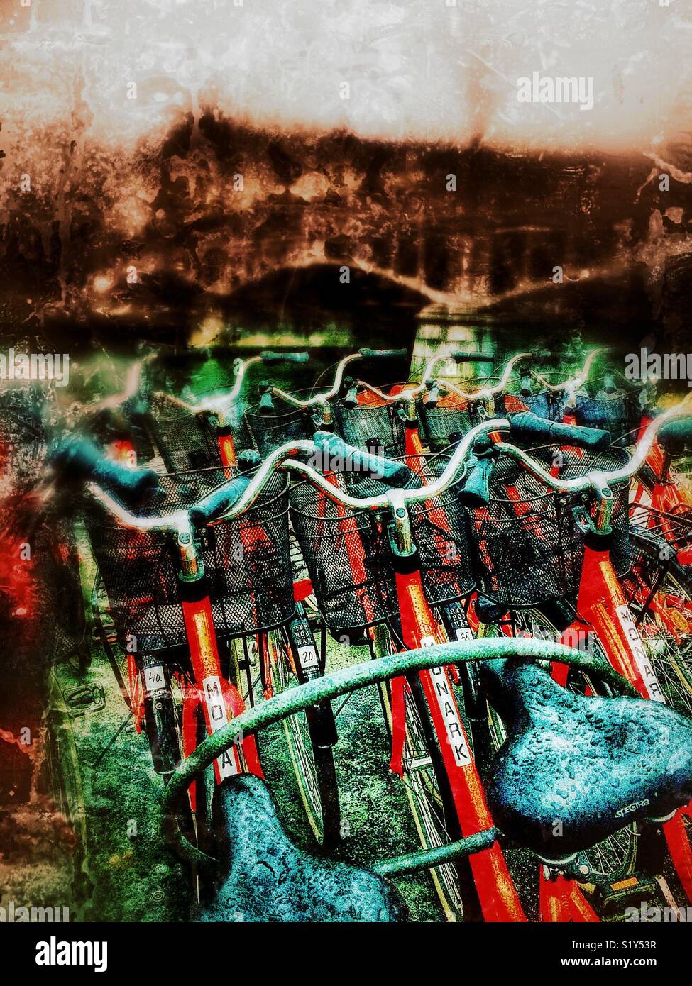 Multiple wet rental bikes, Ostermalm, Stockholm, Sweden, Scandinavia - Smartphone Captured Stock Image