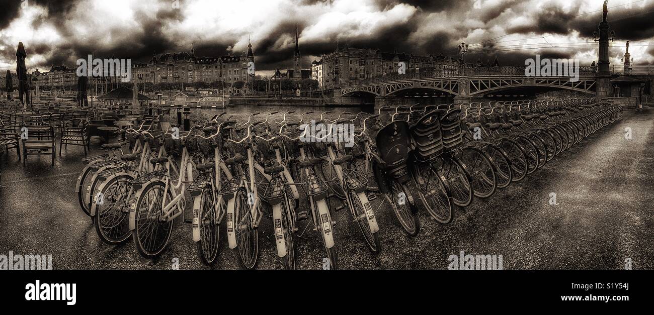 Rental bike panorama with dramatic sky, Djurgarden, Stockholm, Sweden, Scandinavia - Smartphone Captured Stock Image
