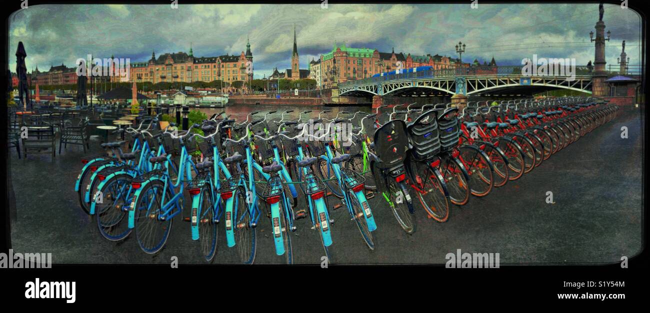 Rental bike panorama, Djurgarden, Stockholm, Sweden, Scandinavia - Smartphone Captured Stock Image