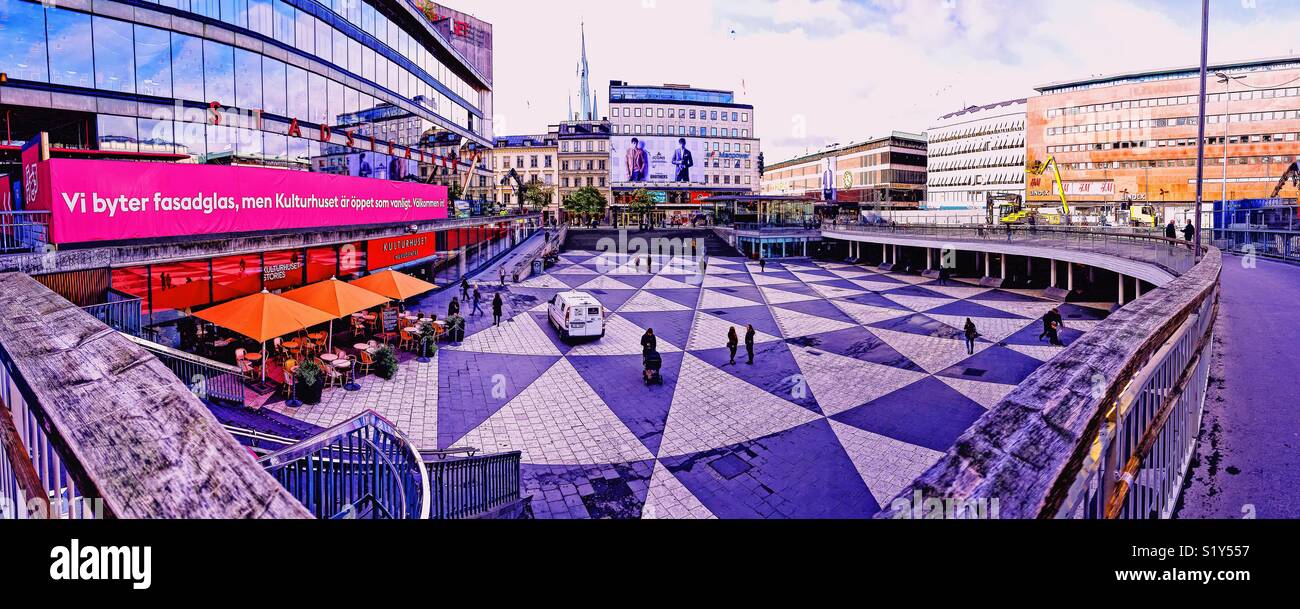 Sergels Torg panorama, Norrmalm, Stockholm, Sweden, Scandinavia. Sunken pedestrian plaza with triangular floor pattern. Named after 18th century sculptor Johan Tobias Sergel - Smartphone Captured Stock Image