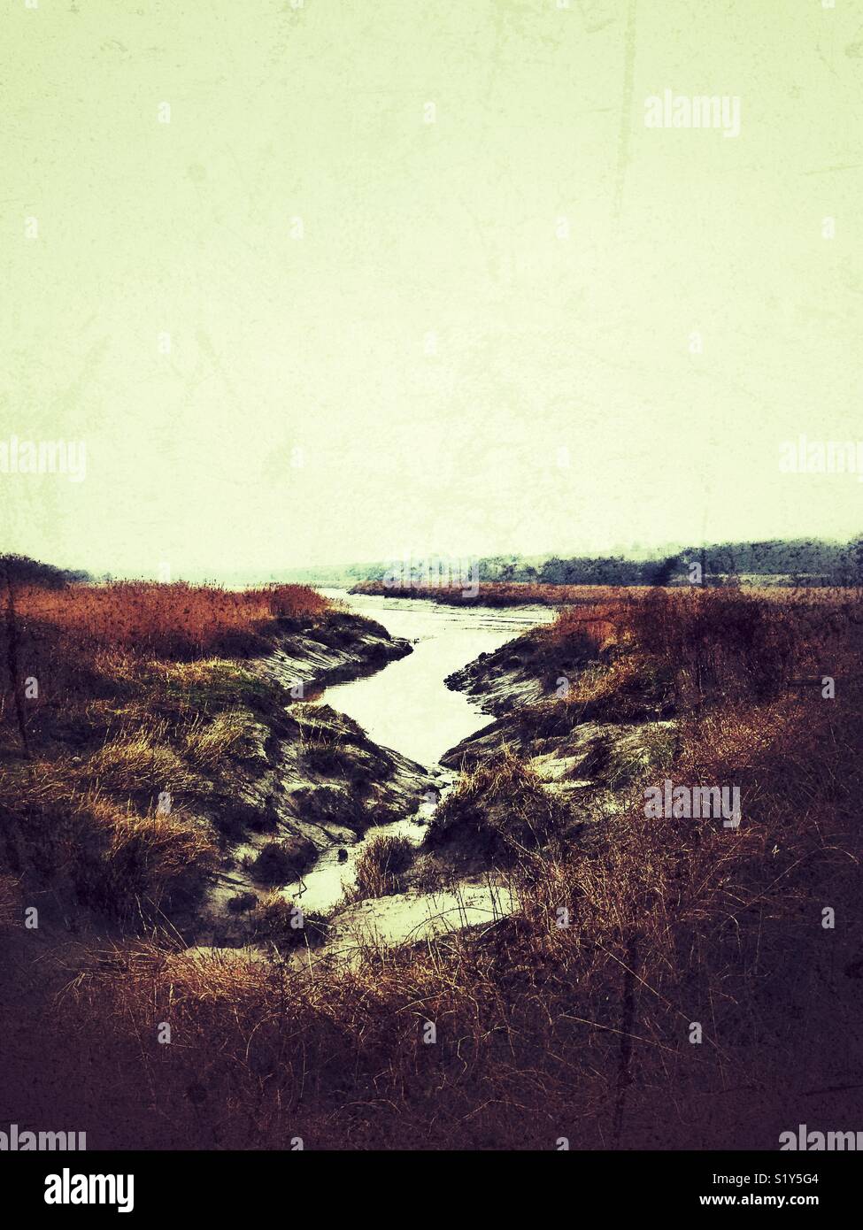 Grungy picture of the Whittle Brook tributary where it meets the River Mersey. Whittle Brook marks the boundary between Penketh and Great Sankey, Warrington - Smartphone Captured Stock Image