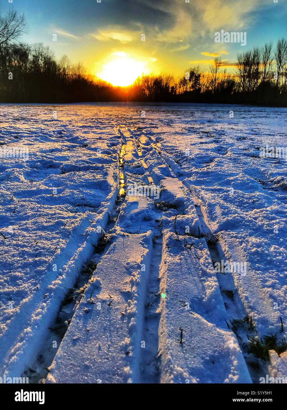 Tracks in a park, made in the snow by a sledge leading towards a colourful sunset during the winter snowfall of February 2018 - Smartphone Captured Stock Image