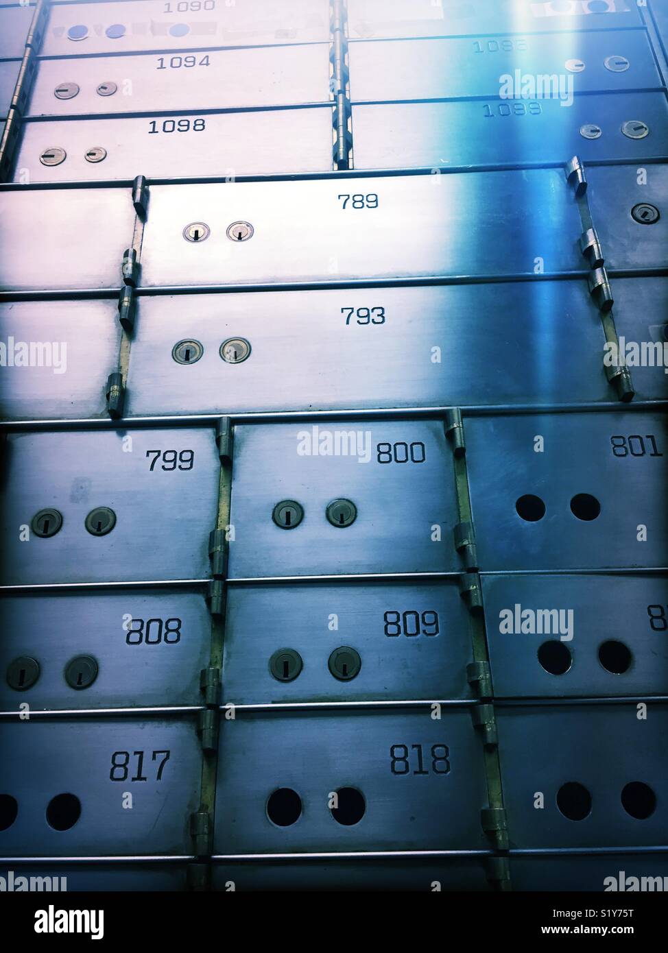 Rows of safe deposit boxes in a bank, United States. - Smartphone Captured Stock Image