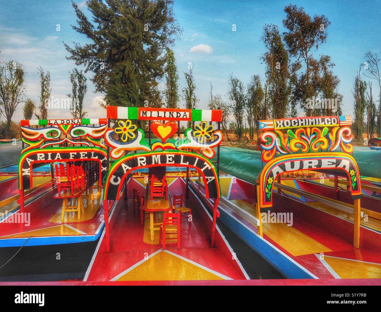Colorful Boats in the UNESCO Listed Xochimilco Canals in Mexico City - Smartphone Captured Stock Image