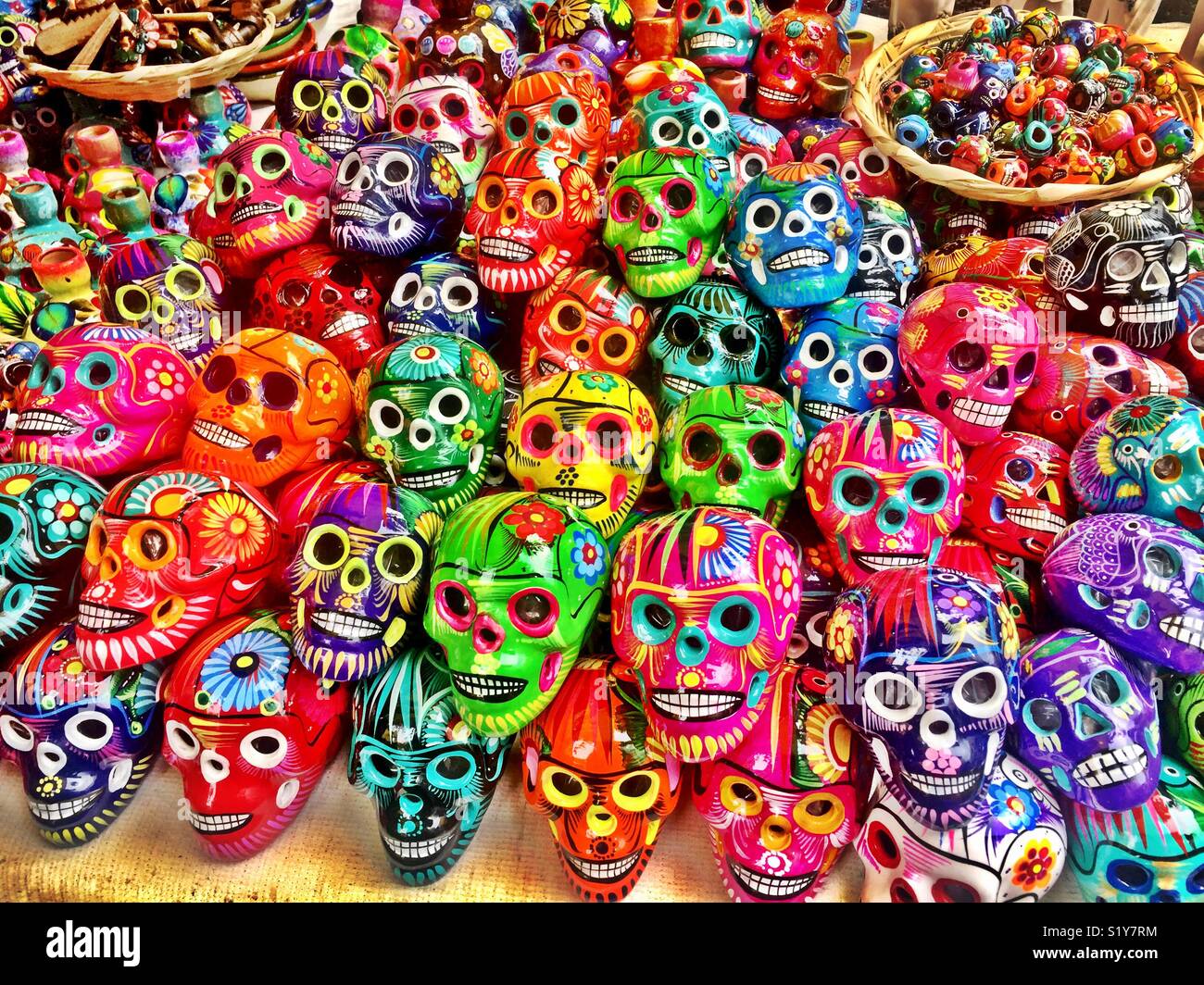 Brightly Colored Painted Ceramic Day of the Dead Skulls at the Sonora Market in México City - Smartphone Captured Stock Image