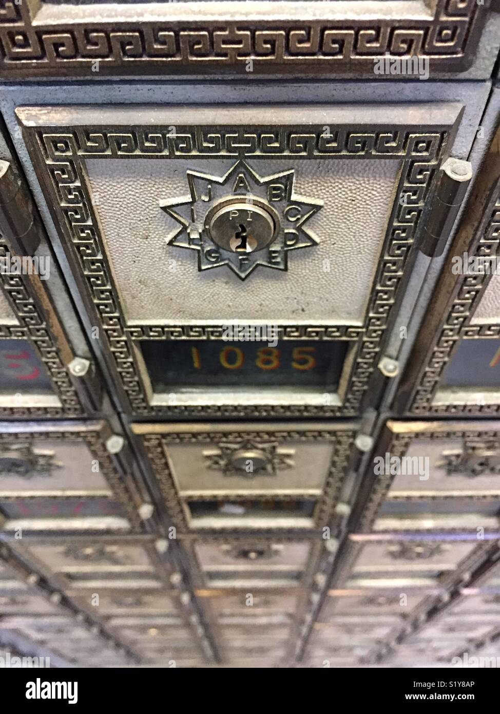 Rows of vintage metal post office boxes, USA - Smartphone Captured Stock Image