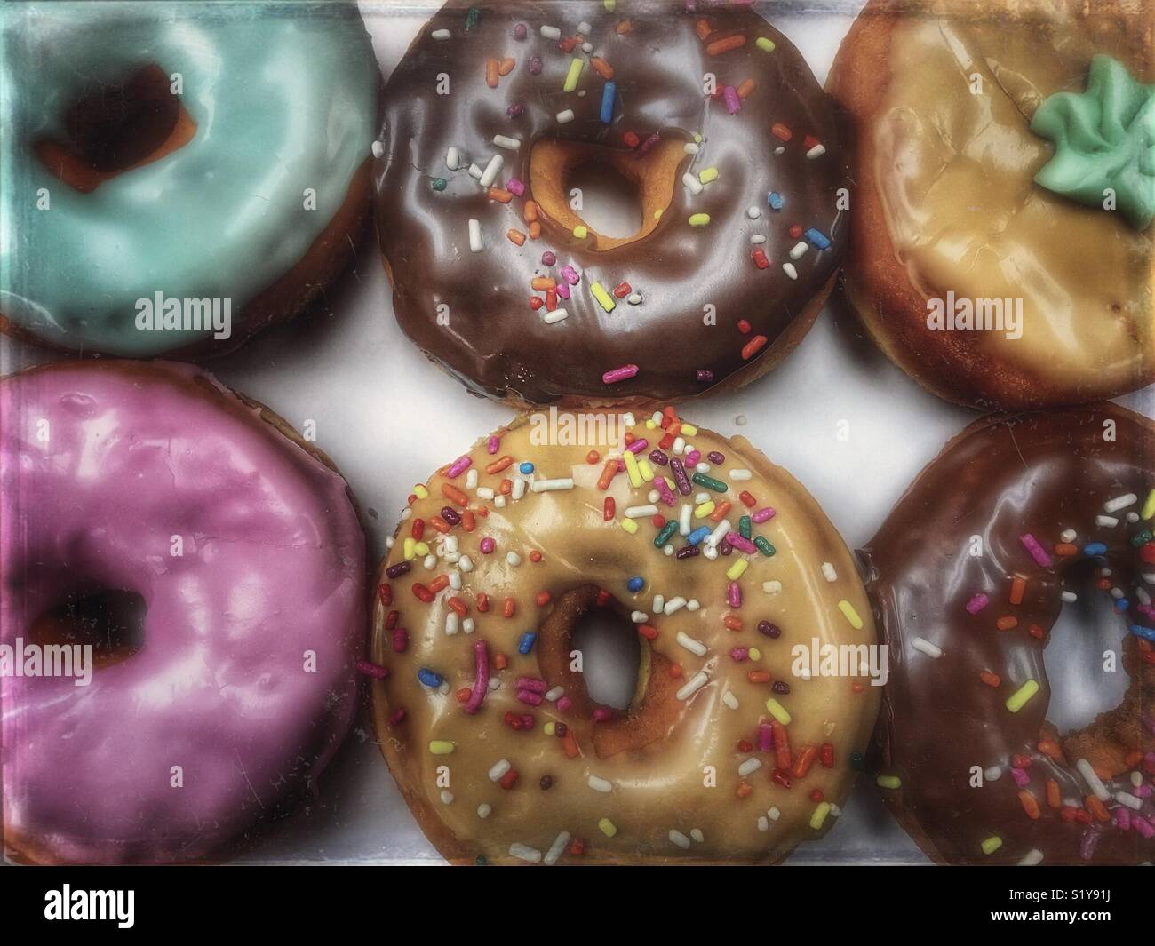 Overhead shot of an assortment of donuts - Smartphone Captured Stock Image