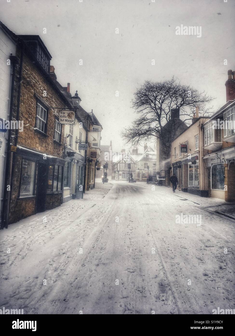 Cheap Street, with heavy snowfall in Sherborne, Dorset, England during the blizzard of Storm Emma, March 2018 - Smartphone Captured Stock Image