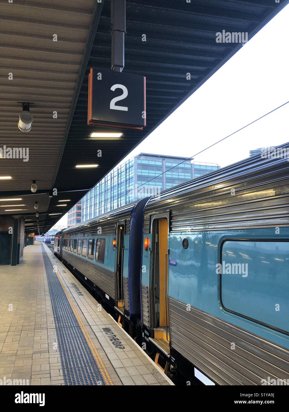 Sydney train Station, platform two and the train to Melbourne Stock Photo