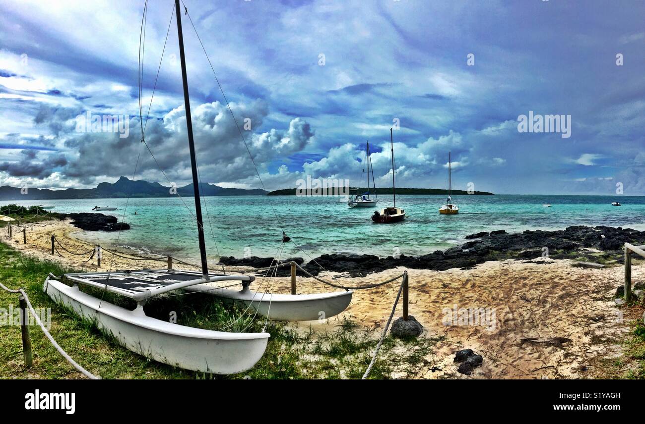 Panoramic view of sail boats in Mauritius - Smartphone Captured Stock Image