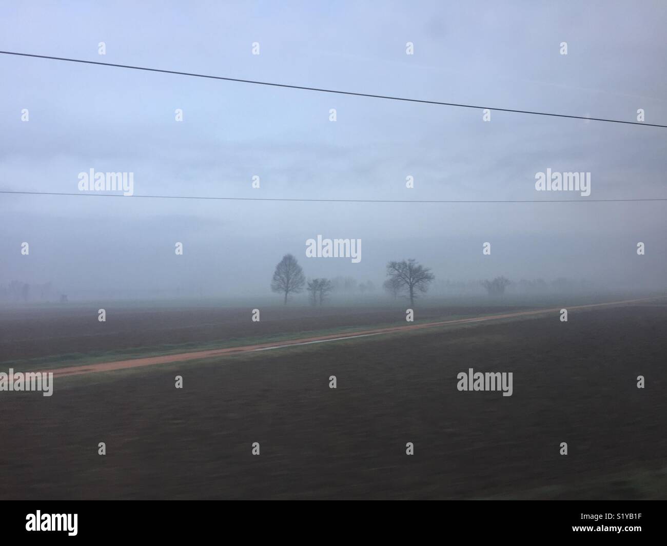 Morning fog on the fields, from the train - Smartphone Captured Stock Image