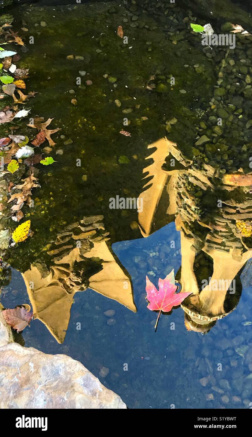 A gargoyle is reflected in the lead-filled moat of a fantasy castle. - Smartphone Captured Stock Image
