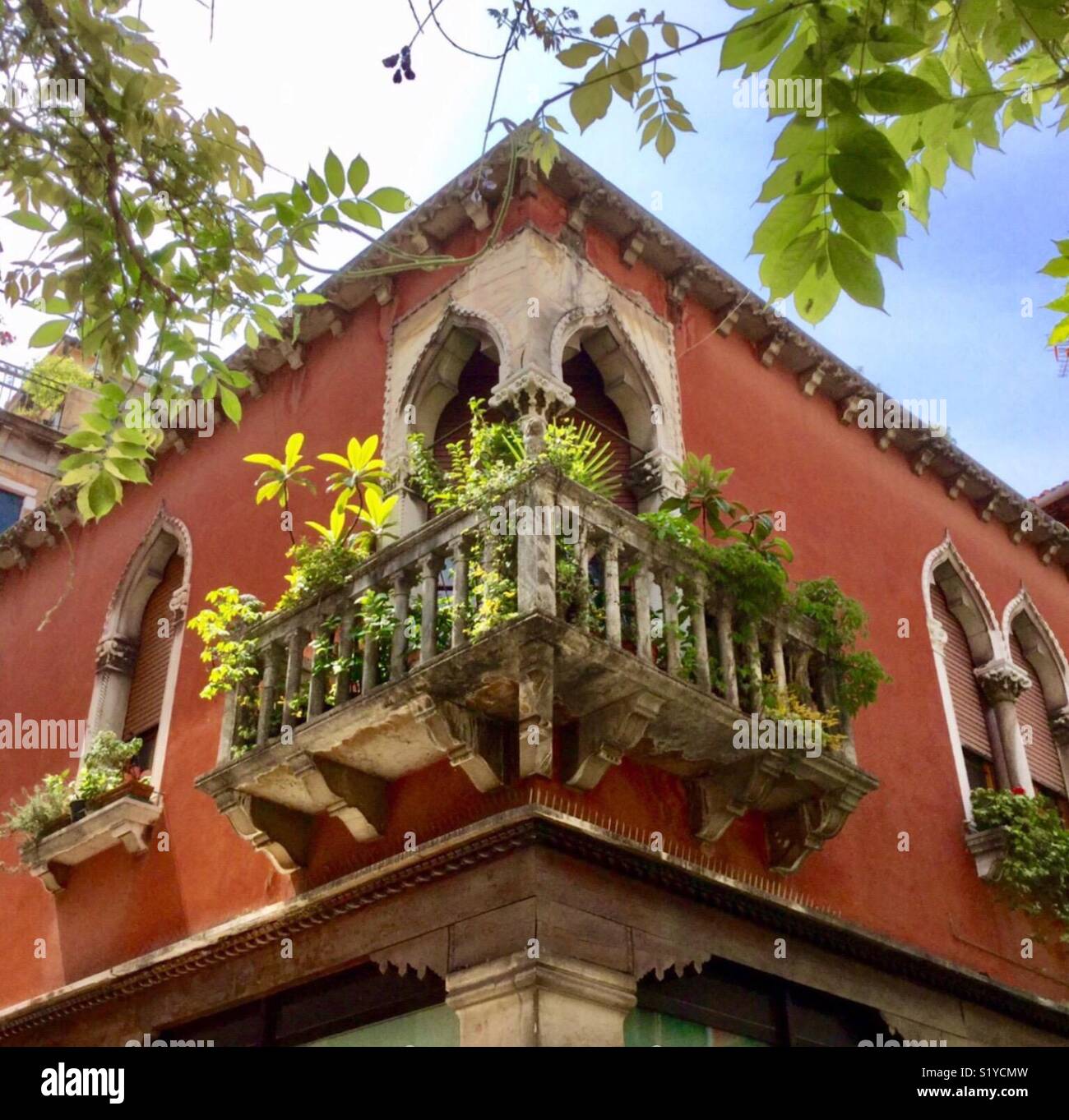 Balcony of Red House , Cannaregio, Venice Stock Photo
