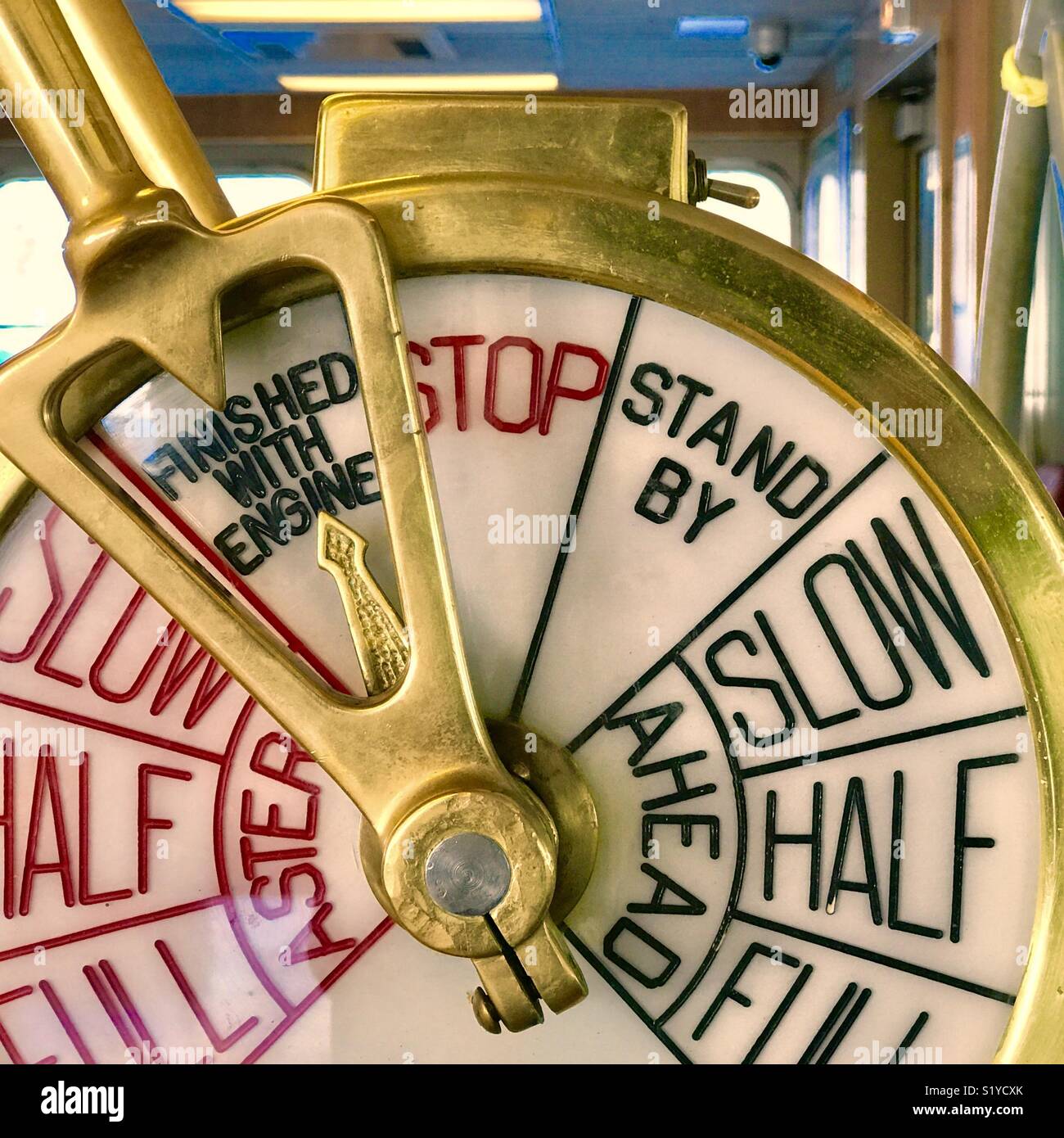 EOT or “Engine Order Telegraph” which sends messages from ships bridge to the engine room. - Smartphone Captured Stock Image