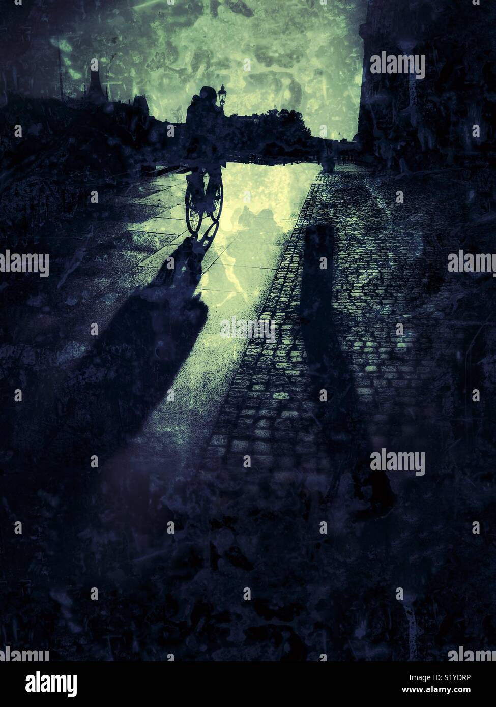 Blue tint of cyclist and shadow in bright sunlight, Stockholm, Sweden, Scandinavia - Smartphone Captured Stock Image