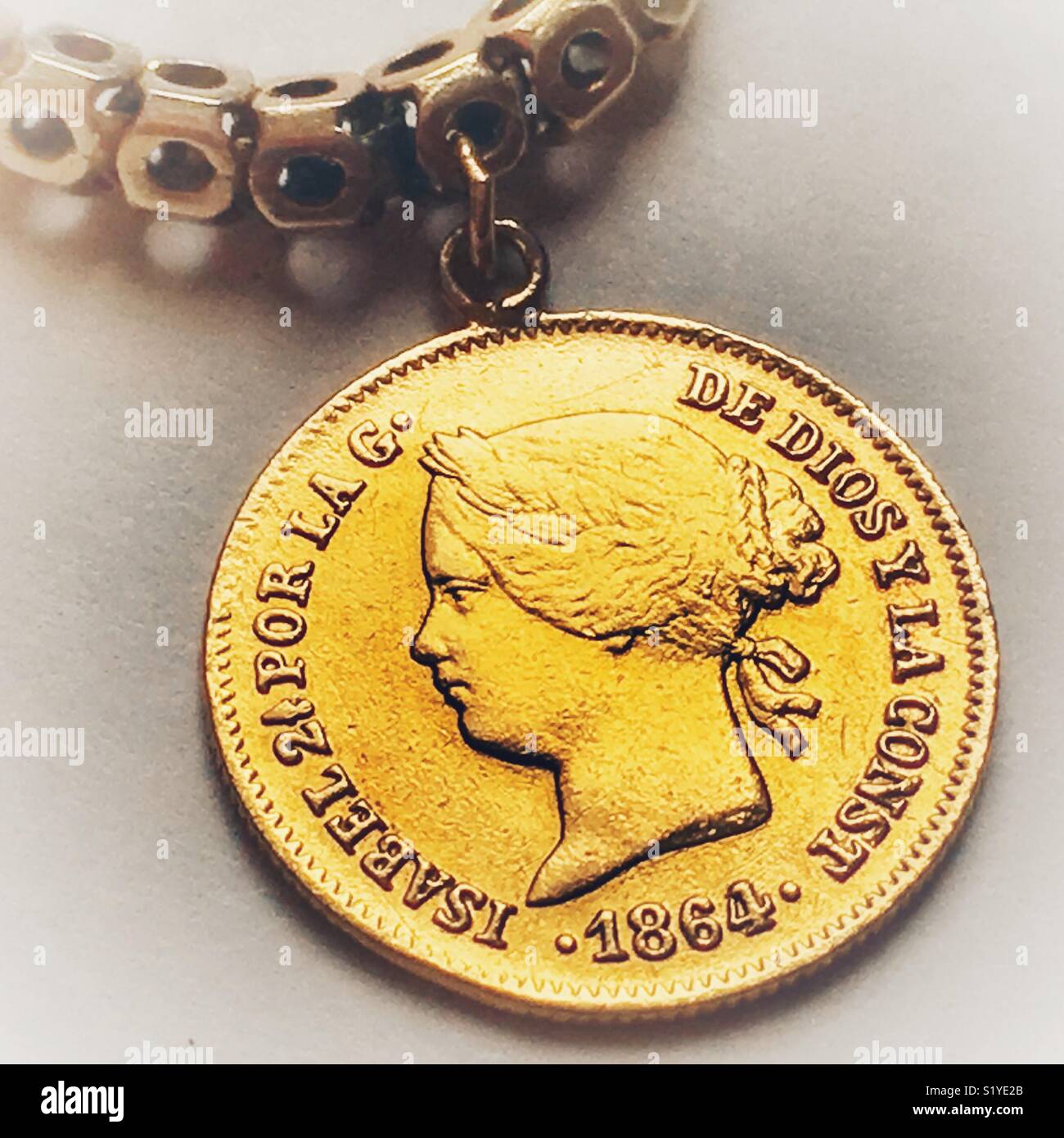 Gold coin on a necklace, Isabel, 1864 - Smartphone Captured Stock Image