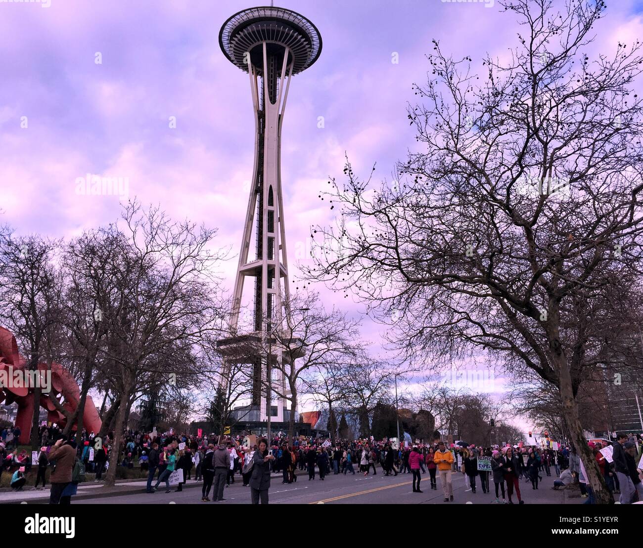 Space Needle surrounded by Women's March protesters in Seattle - Smartphone Captured Stock Image