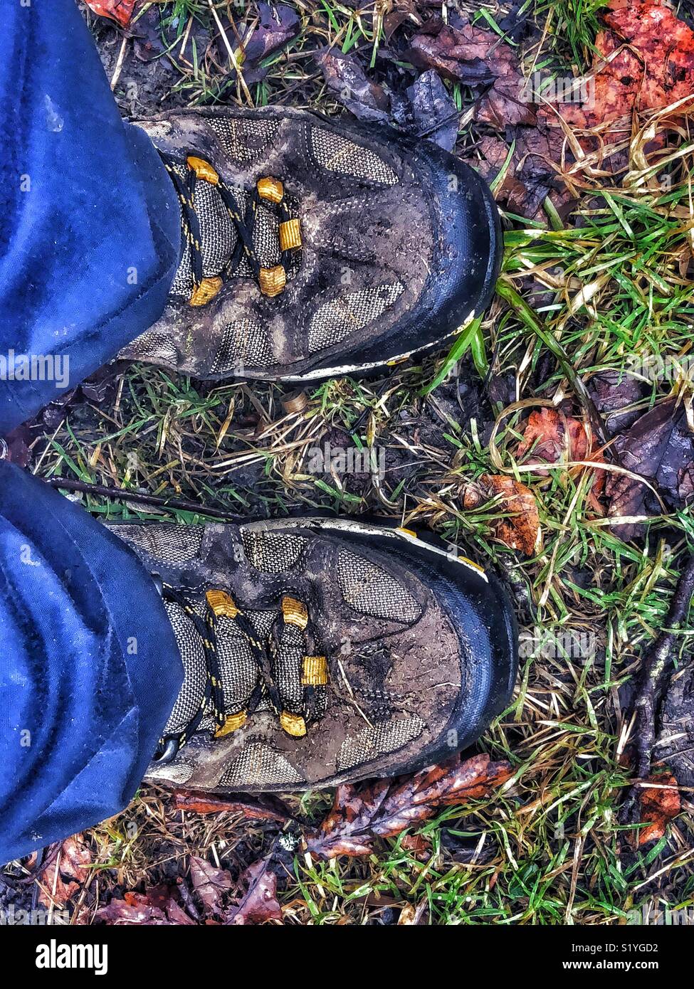 Out walking on a wet day in the forest, looking down at walking boots. - Smartphone Captured Stock Image