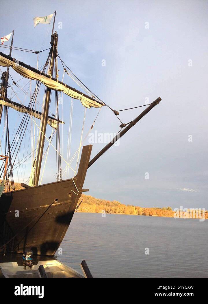 The prow of the Pinta docked in Fort Smith, Arkansas. The ship is a reproduction. - Smartphone Captured Stock Image